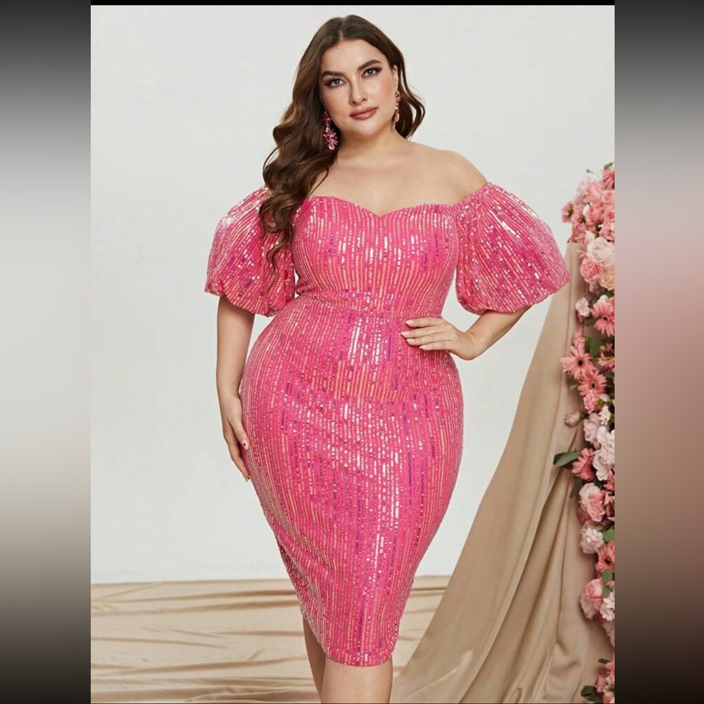 Off Shoulder Puff Sleeve Sequin Bodycon Dress